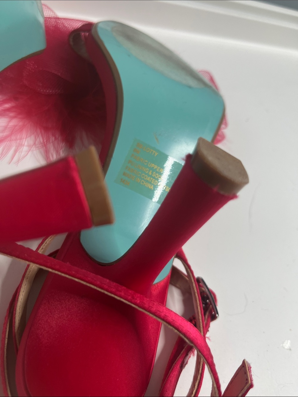 Betsey Johnson Lotty Red Satin Feather Stiletto Sandals Size 8 - Picture 6 of 6